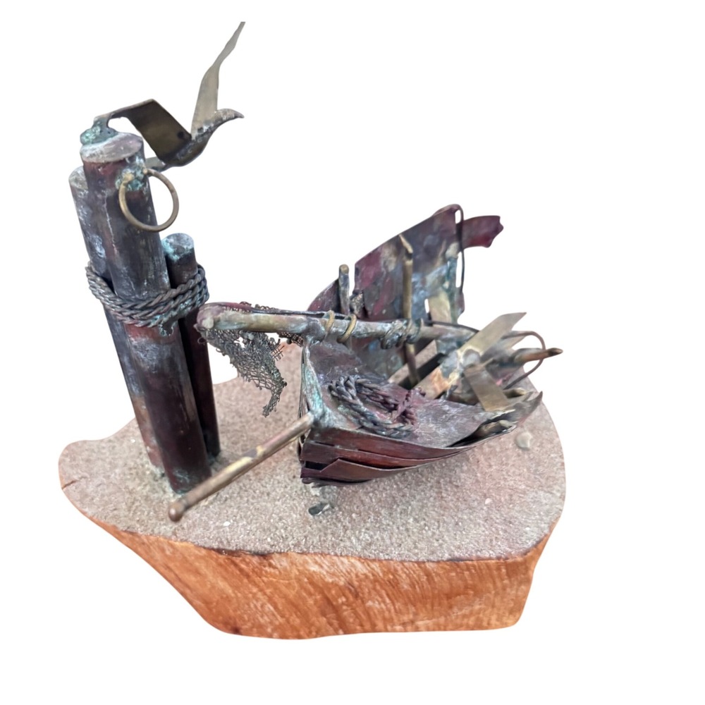 Copper Brass Shipwreck Sculpture Malted Wood Base Nautical Brutalist Signed MCM - Picture 6 of 10